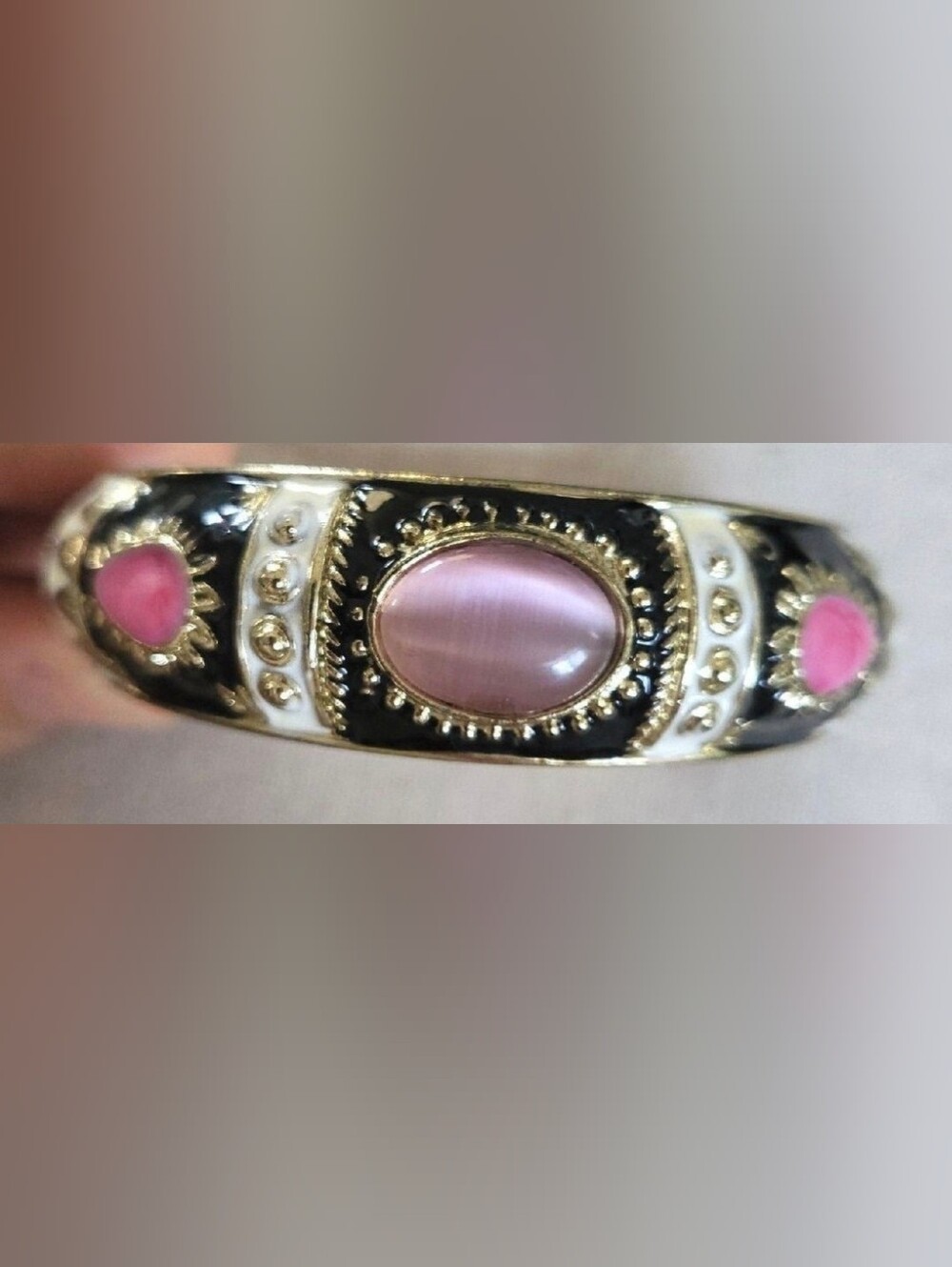 Vintage Meenakari Enamel Hinged Cuff Bracelet - Pink Monalisa Stone Gold Tone